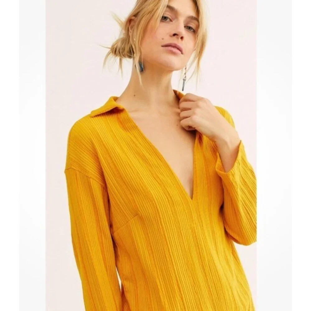 Free People Beach Aster Collar T-Shirt Midi Dress Oversized Golden Yellow‎ S/P